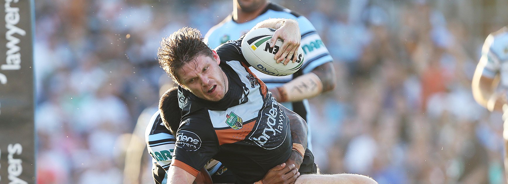 Wests Tigers forward Chris Lawrence in action against the Sharks in Round 5 of the Telstra Premiership.