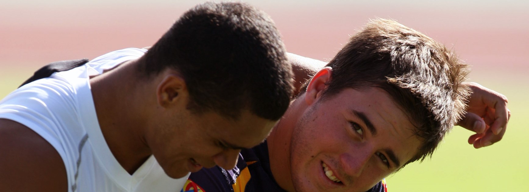 Jharal Yow Yeh and Ben Hunt share a moment during their NRL debut season in 2009.