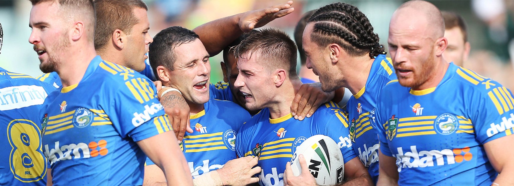 The Eels celebrate Kieran Foran's solo try against Canberra in Round 6.