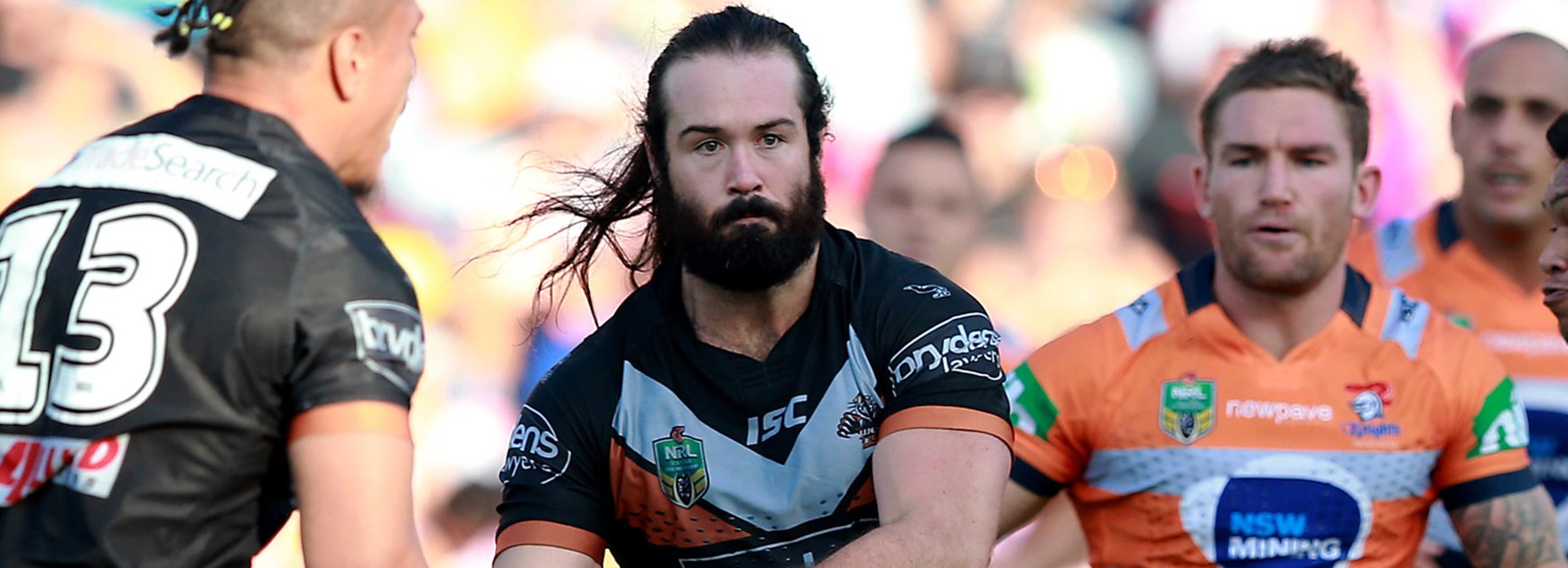 Wests Tigers captain Aaron Woods against the Knights in Round 6.