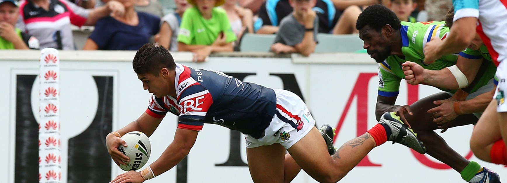 Jayden Nikorima dives over for his first NRL try against the Raiders in Round 2.