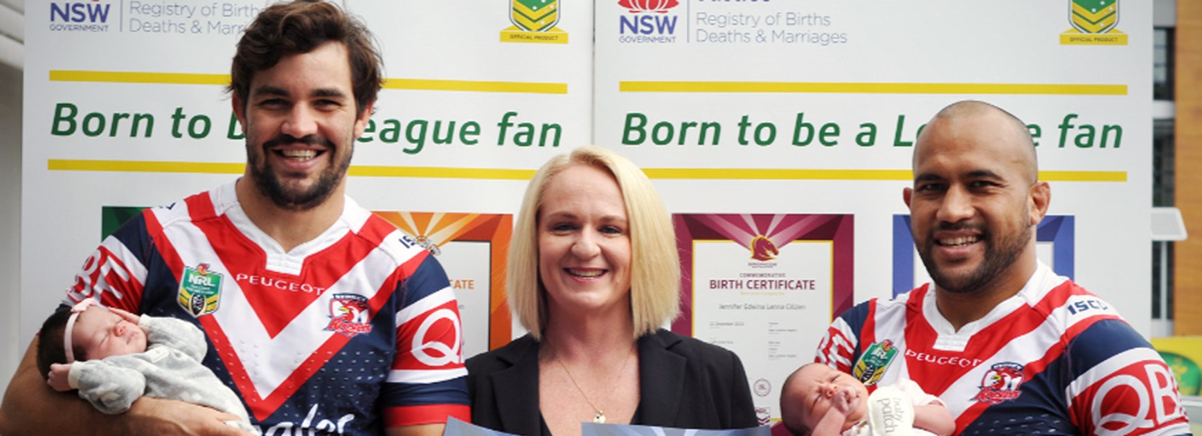 Roosters players Aidan Guerra, Sam Moa and Births Deaths and Marriages Registrar Amanda Ianna.