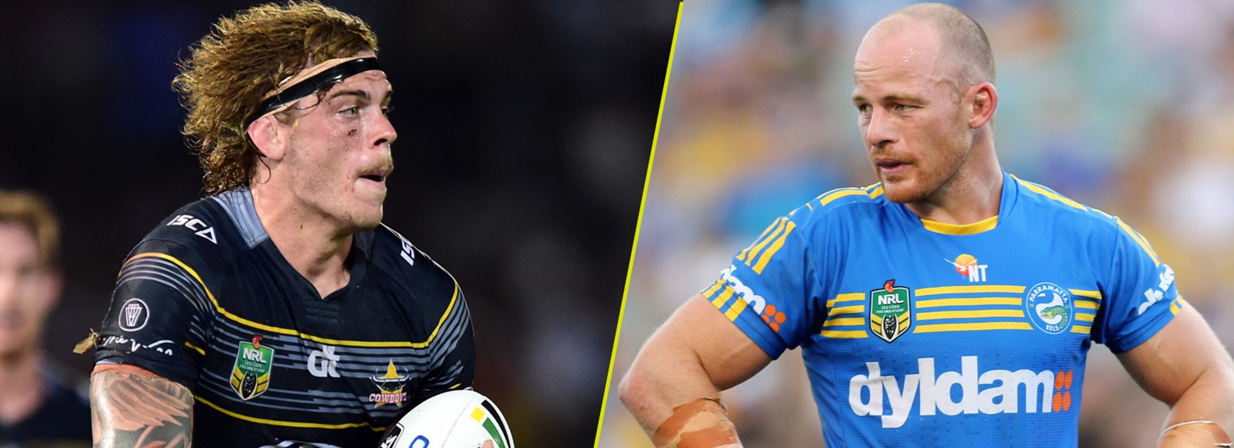 Cowboys back-rower Ethan Lowe and Eels counterpart Beau Scott.