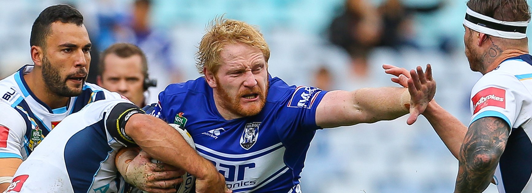 Bulldogs prop James Graham takes a hit-up against the Gold Coast Titans.