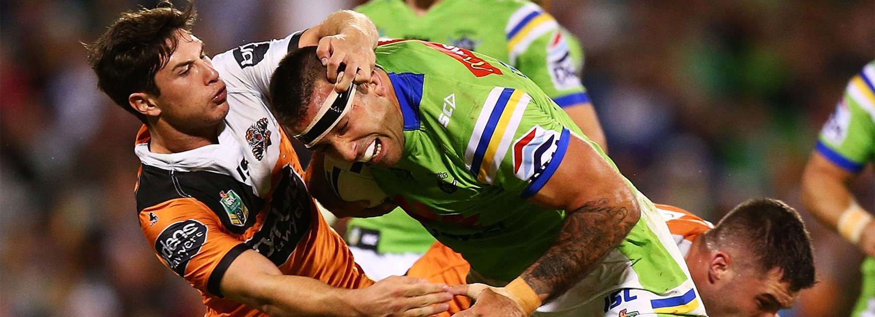 Paul Vaughan charged to a try for Canberra in their Round 8 win over the Tigers.Paul Vaughan charged to a try for Canberra in their Round 8 win over the Tigers.
