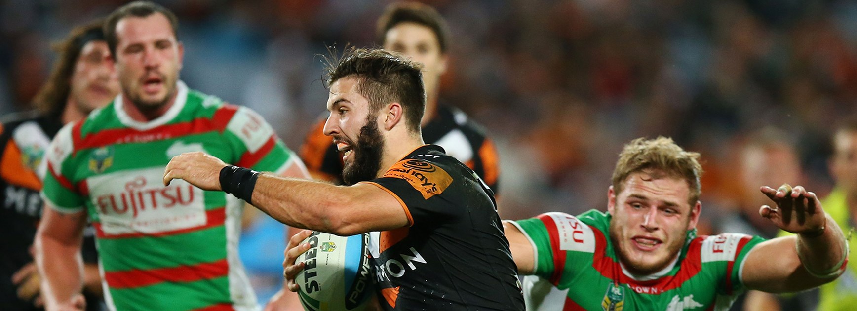 Wests Tigers fullback James Tedesco in action against the Rabbitohs in Round 14 of the 2015 Telstra Premiership.