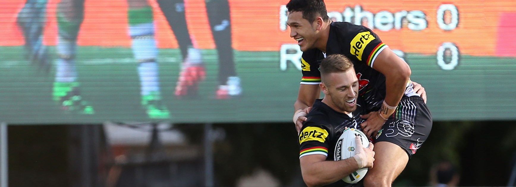 The Panthers celebrate an 80 metre try to Bryce Cartwright in Bathurst.