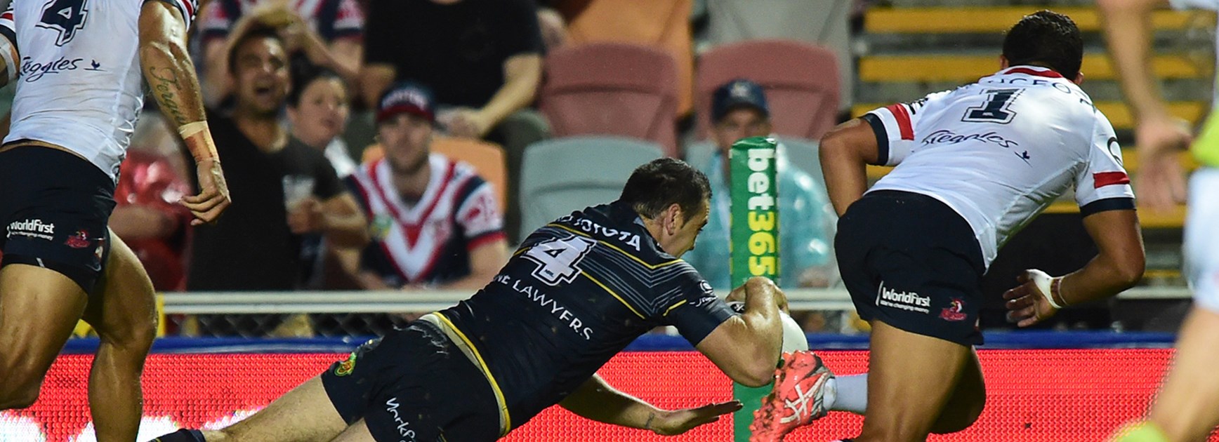 Kane Linnett scores for the Cowboys against the Roosters in Round 3.