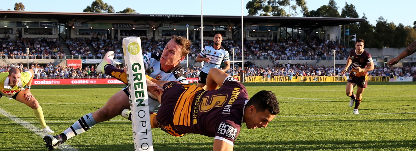 Jordan Kahu pulls off an acrobatic finish to score for Brisbane against the Sharks in Round 9.