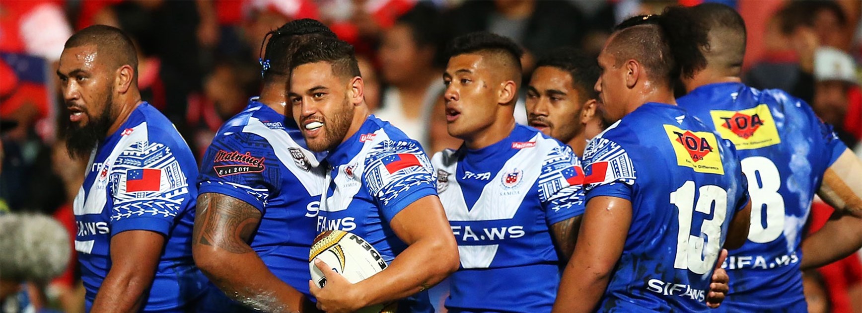 Samoa celebrates Antonio Winterstein's try against Tonga on Saturday.