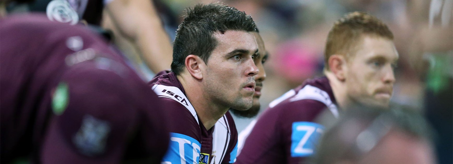 Darcy Lussick on the Manly bench during Saturday night's clash with Brisbane at Suncorp Stadium.