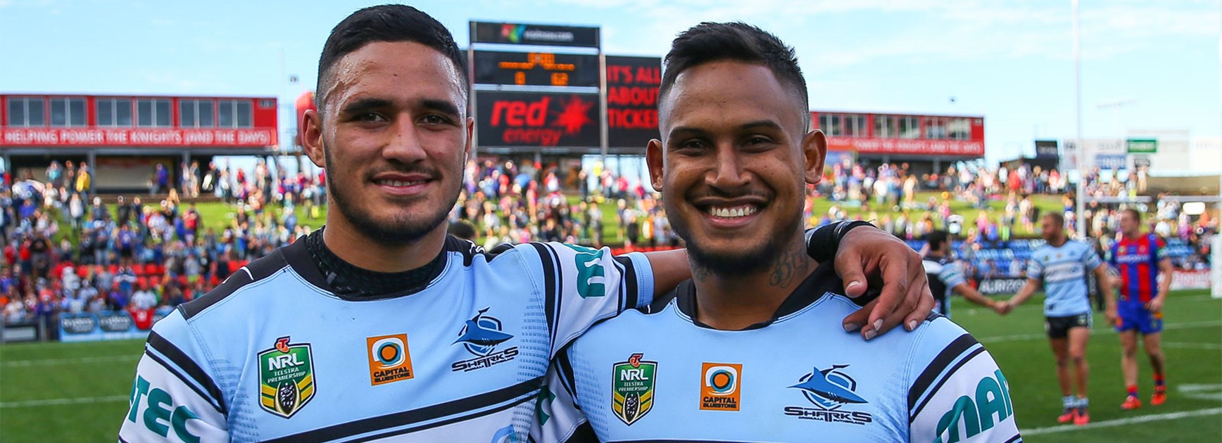 Valentine Holmes with teammate Ben Barba following the Sharks' routing of Newcastle.