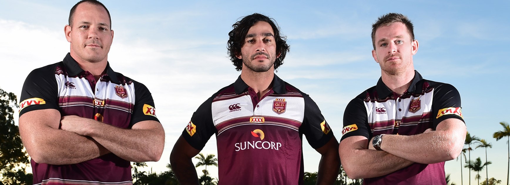 Matt Scott, Johnathan Thurston and Michael Morgan in camp with the Maroons.