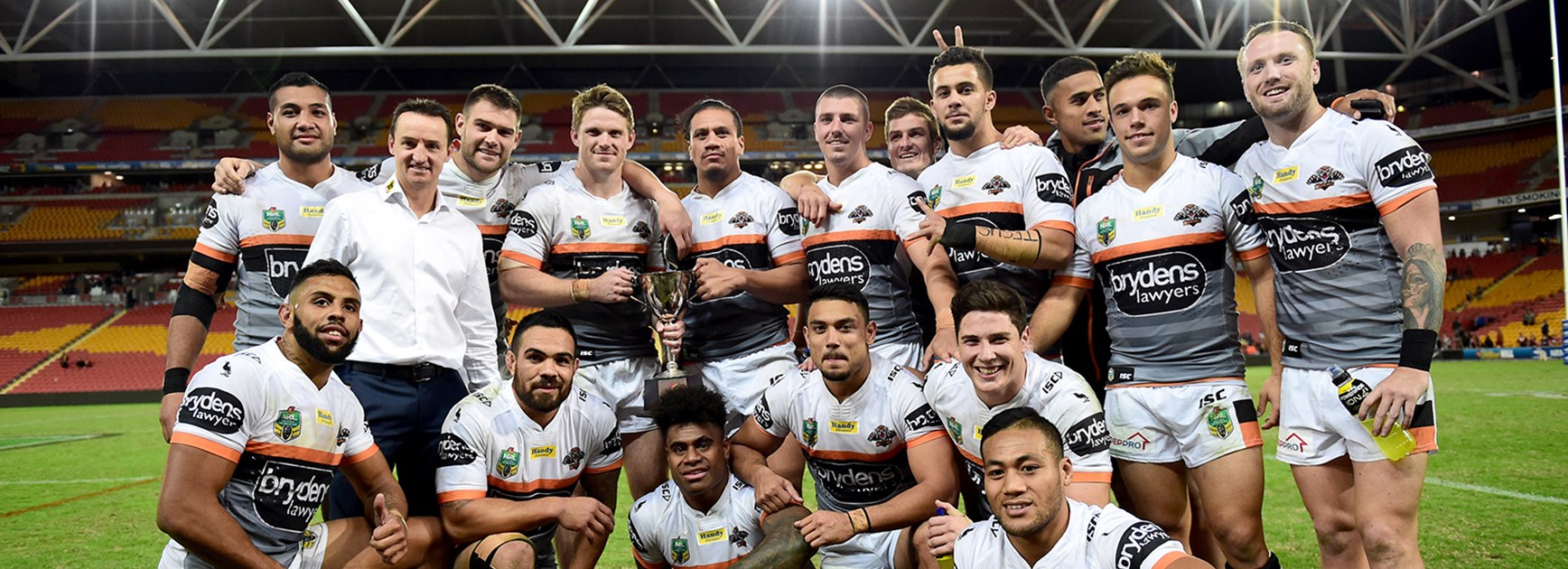 Wests Tigers celebrate their one-point win over the Broncos in Round 12.