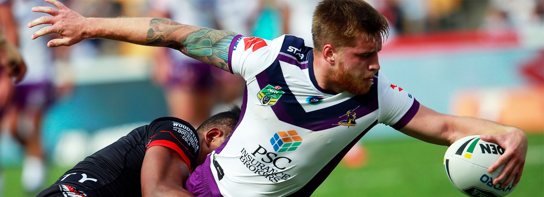 Cameron Munster reaches out to score for the Melbourne Storm against the Warriors.