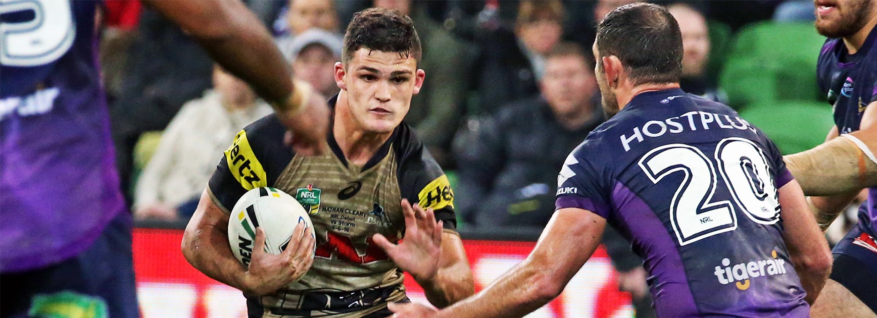 Panthers rookie Nathan Cleary during his NRL debut against the Melbourne Storm.