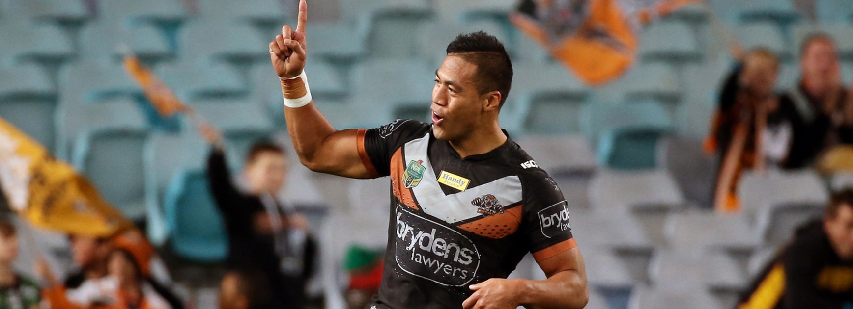 Wests Tigers centre Tim Simona scored a try against the Rabbitohs.