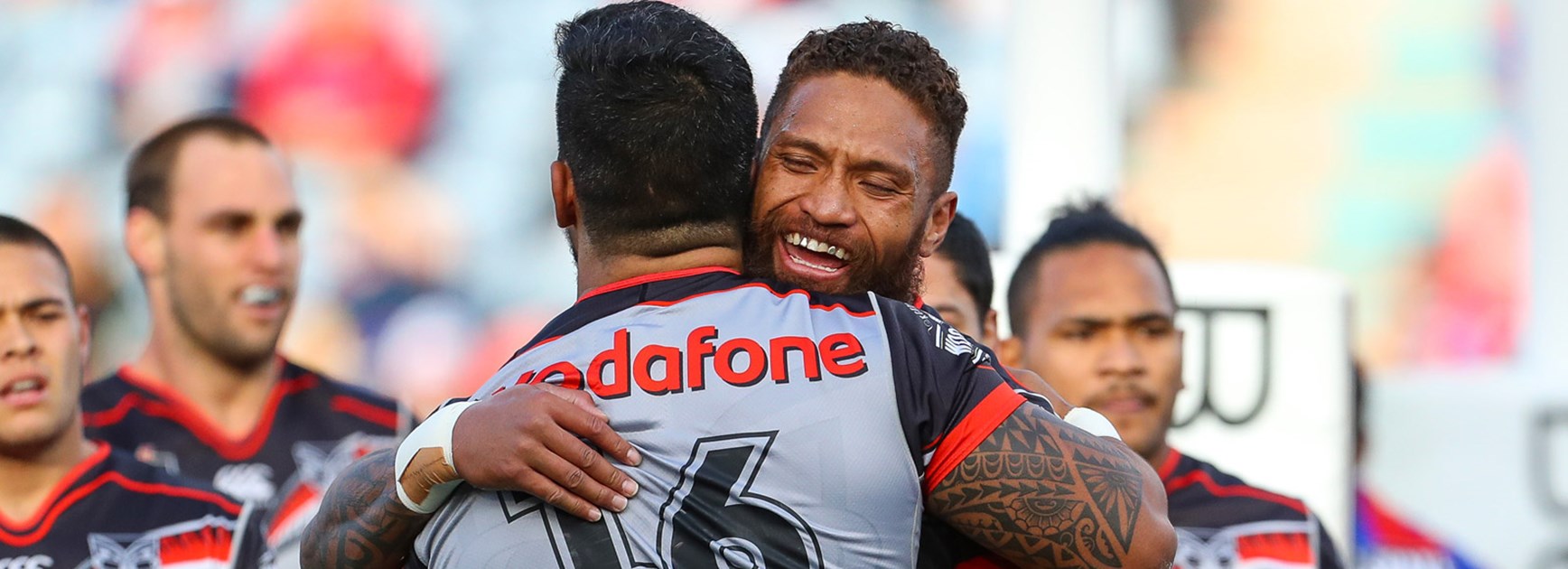 Warriors players celebrate against the Knights in Round 14.