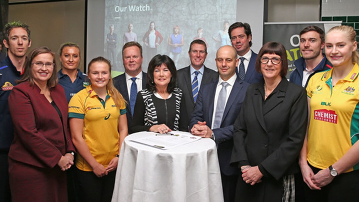 NRL CEO Todd and Jillaroos Captain Ruan Sims joined the ARU, AFL and Netball Australia in reaffirming the commitment to end domestic violence.