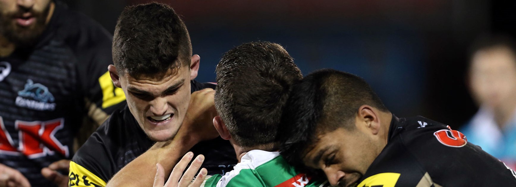 Panthers halfback Nathan Cleary wraps up Sam Burgess in Round 16.