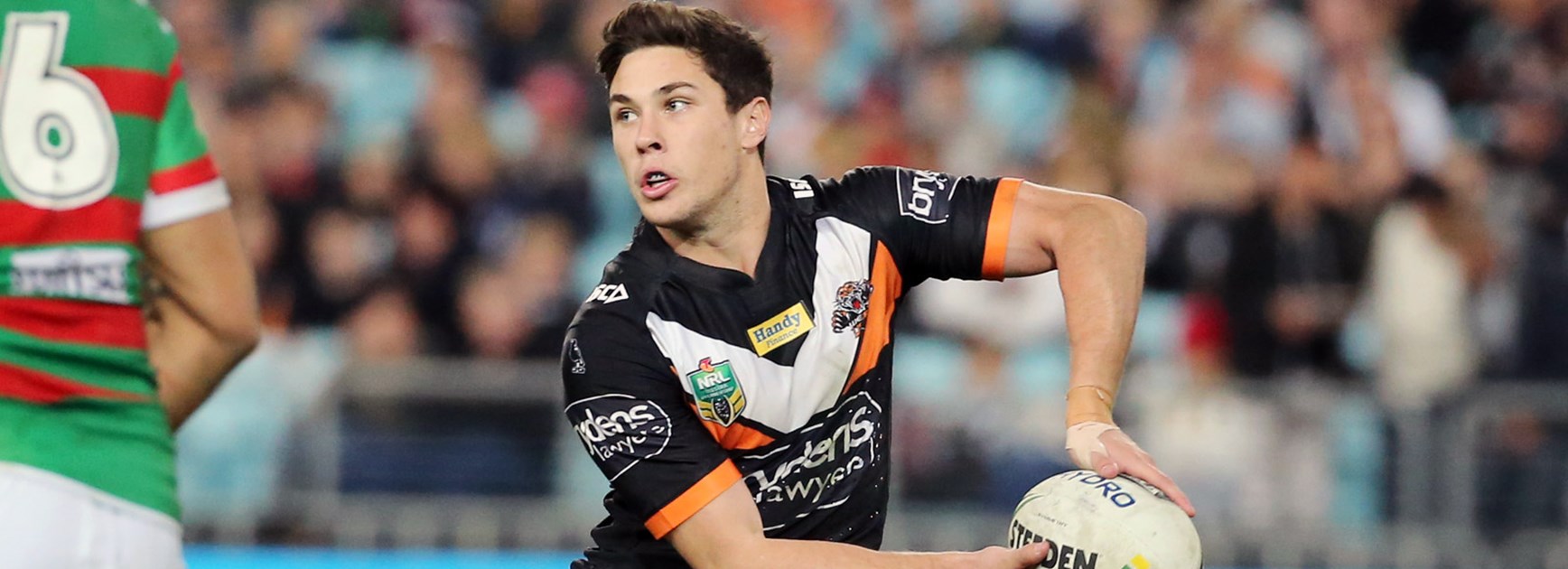 Wests Tigers five-eighth Mitch Moses against the Rabbitohs in Round 14.