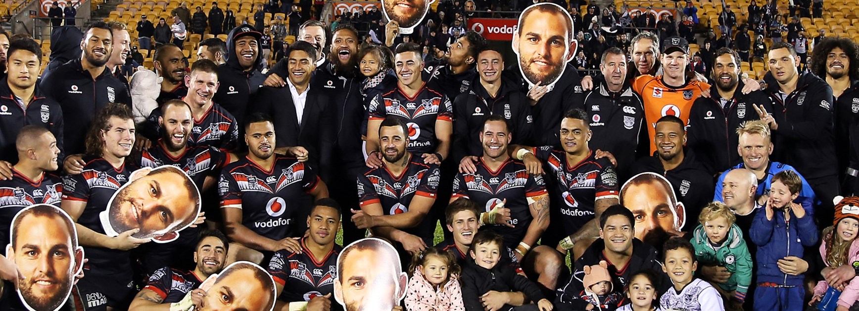 The Warriors celebrate winning in Simon Mannering's 250th NRL game.