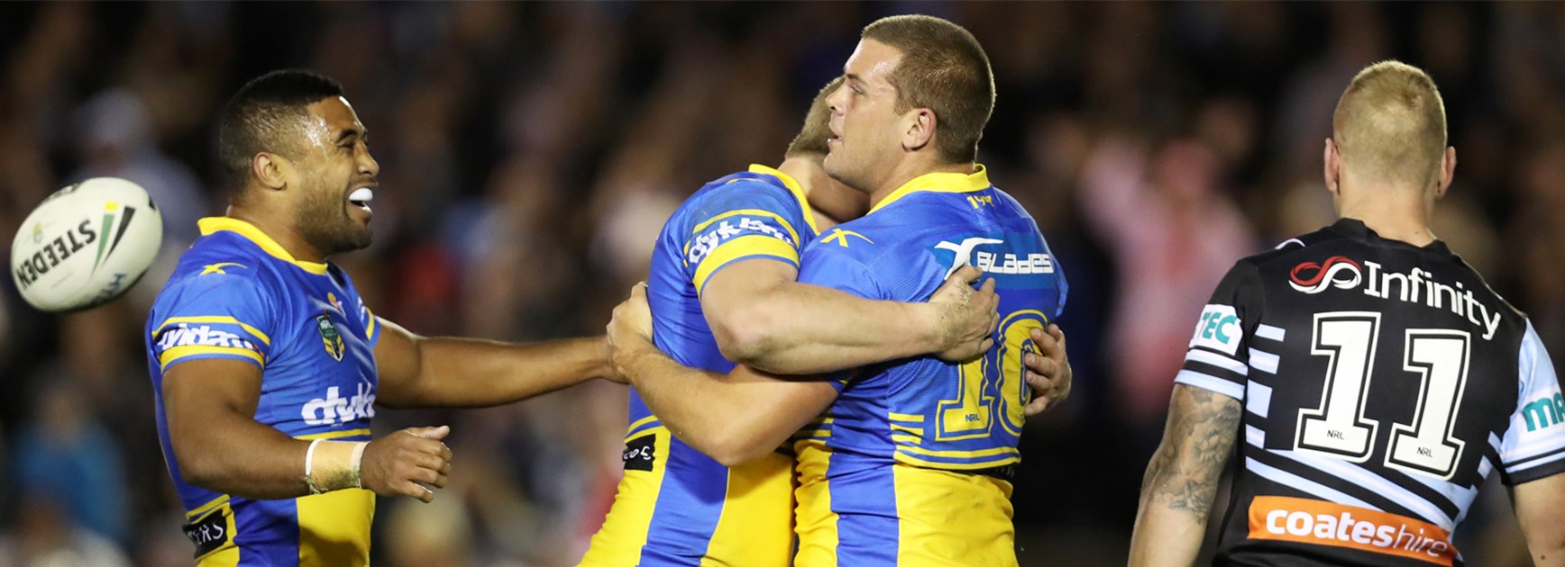 The Eels celebrate Danny Wicks's try against Cronulla on Saturday.