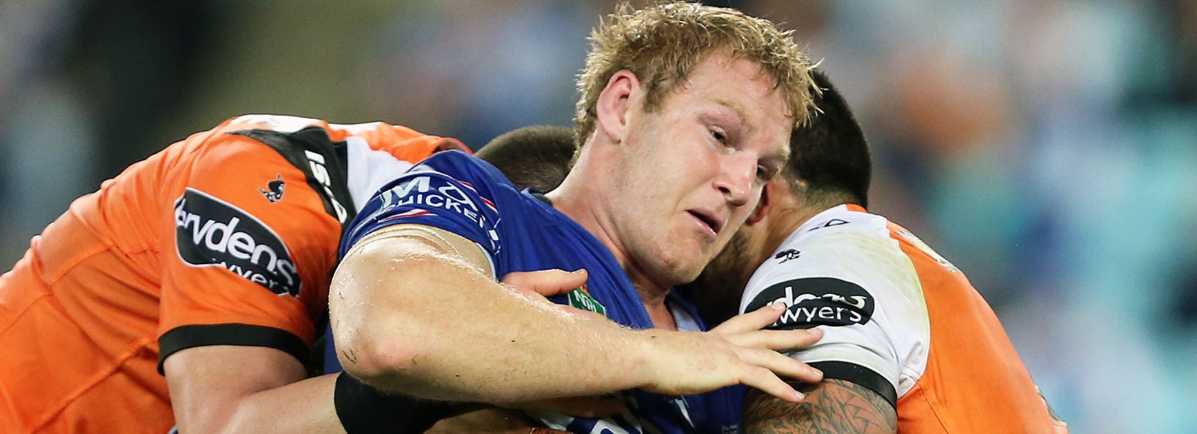 Bulldogs prop Aiden Tolman played 80 minutes against the Tigers in Round 18.