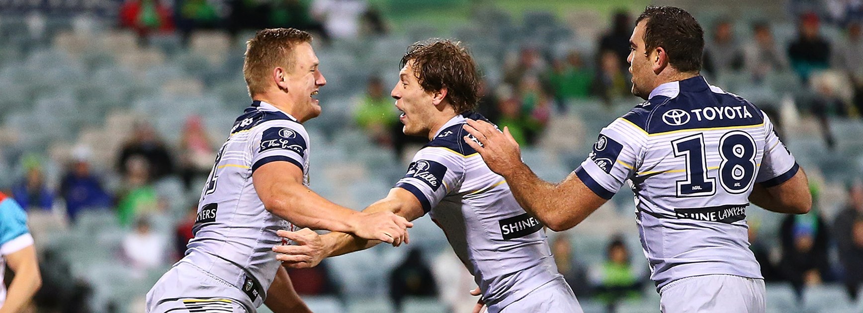 Coen Hess celebrates his try against the Raiders in Round 18.