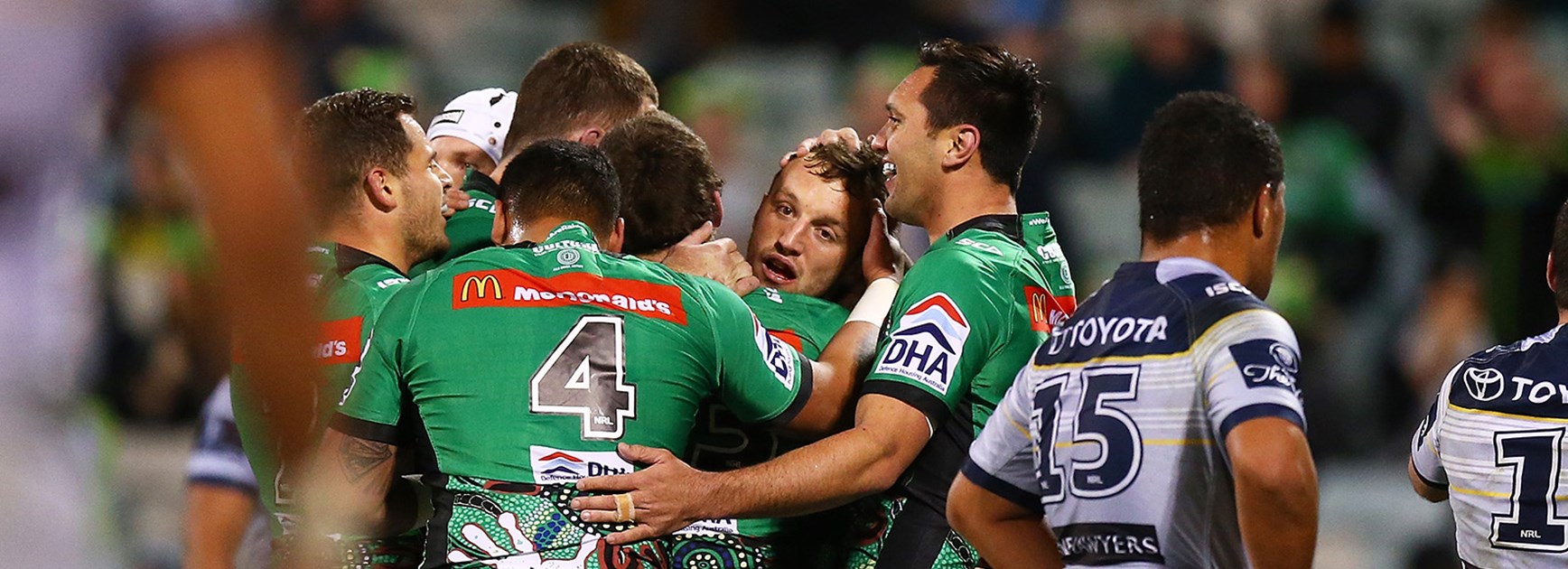 Josh Hodgson celebrates a try against the Cowboys in Round 18.
