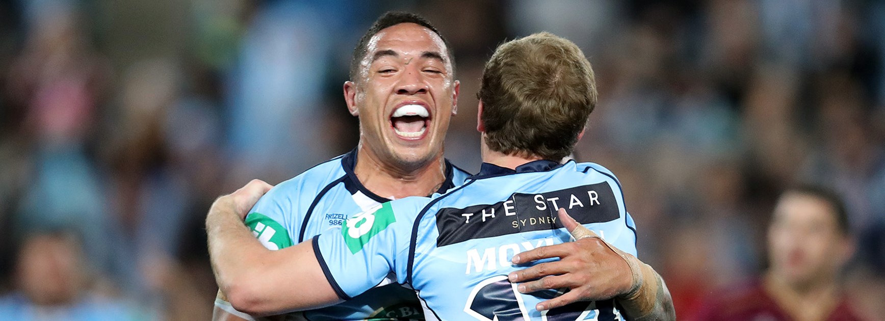 Tyson Frizell celebrates his try in State of Origin III at ANZ Stadium.