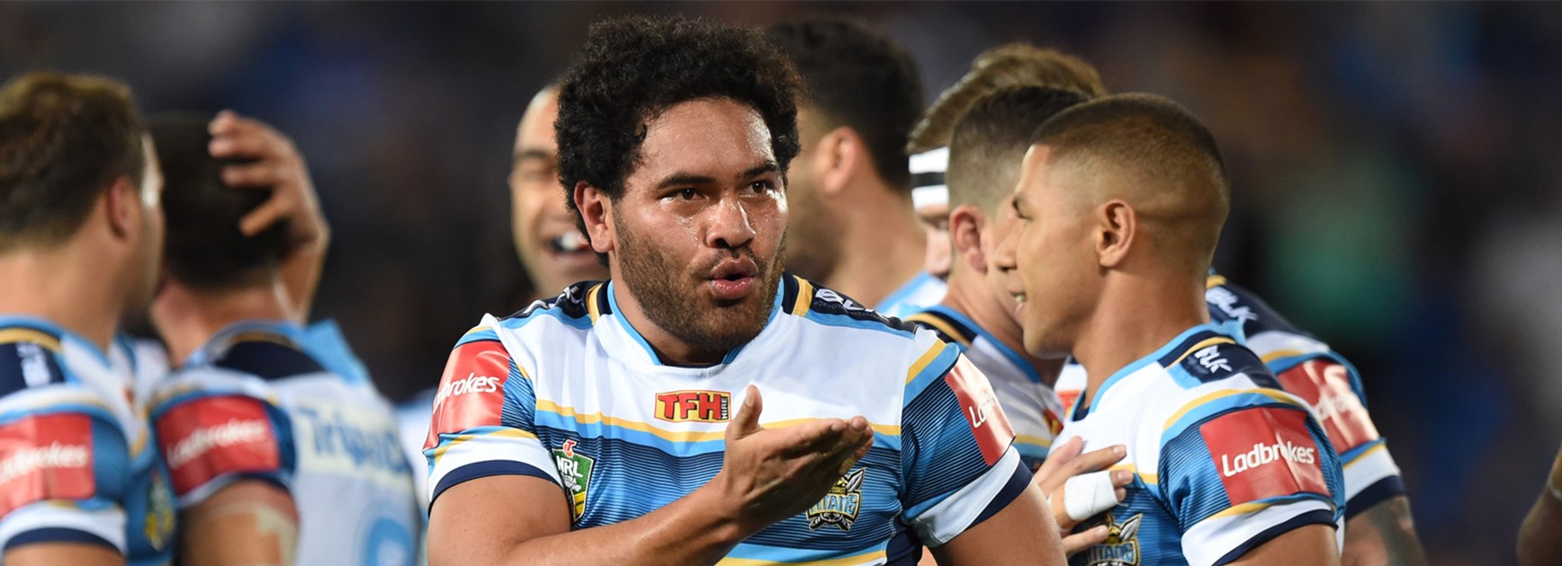 Konrad Hurrell blows a kiss to the crowd after scoring for the Titans on Saturday night.