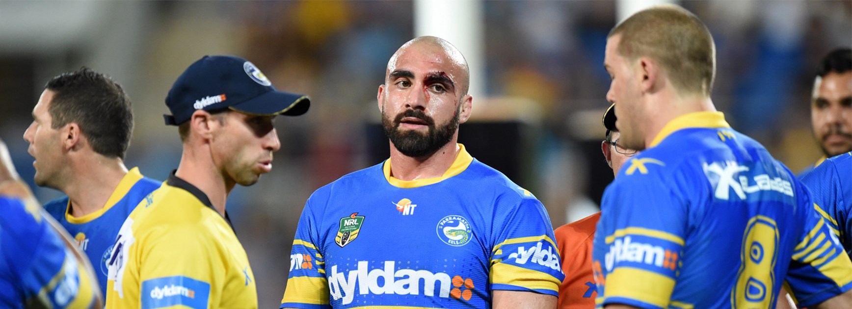 Eels props Tim Mannah and Danny Wicks during their team's loss to the Titans on Saturday.