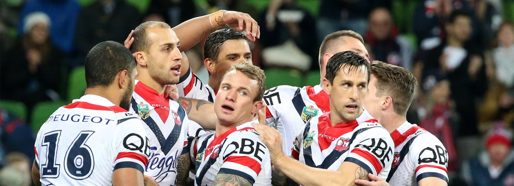 The Sydney Roosters celebrate a try against Melbourne in Round 20.