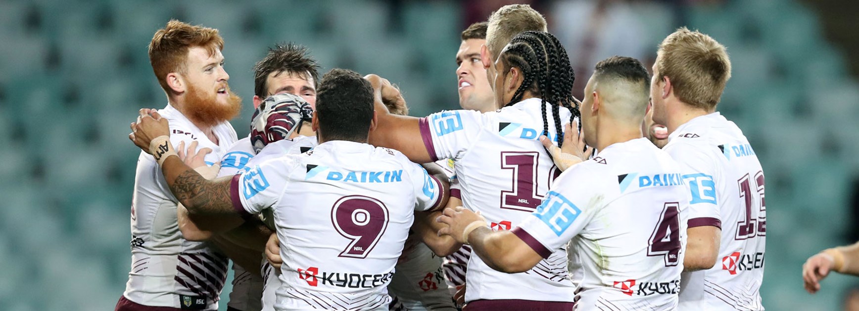 Manly players celebrate in their match against South Sydney in Round 20.