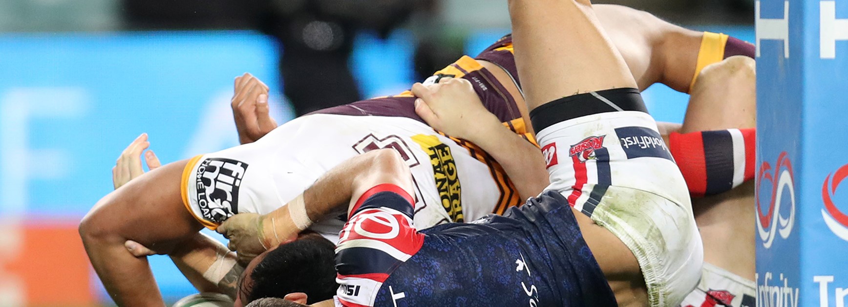 Broncos forward Herman Ese'ese is denied a try against the Roosters in Round 21 due to a double-movement.