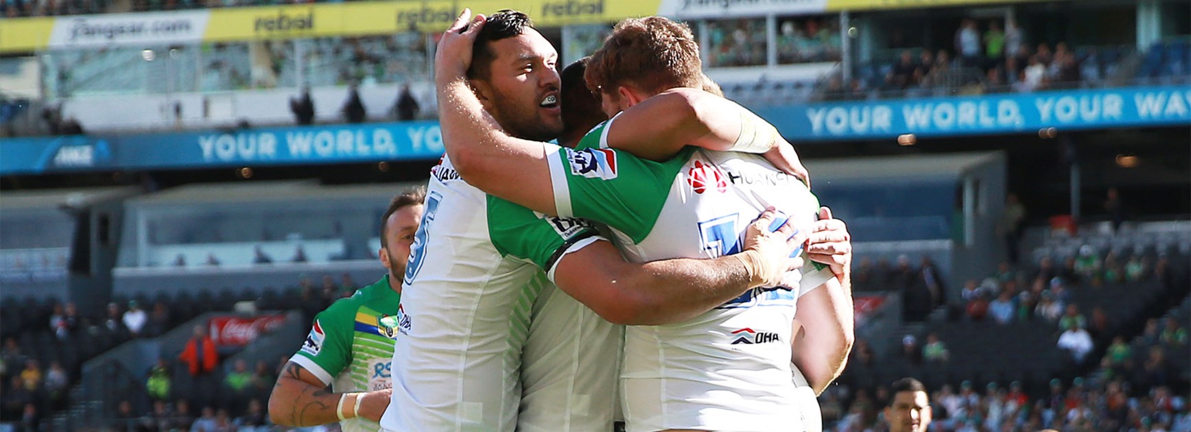 The Raiders celebrate a try during their rout of the Rabbitohs on Sunday.