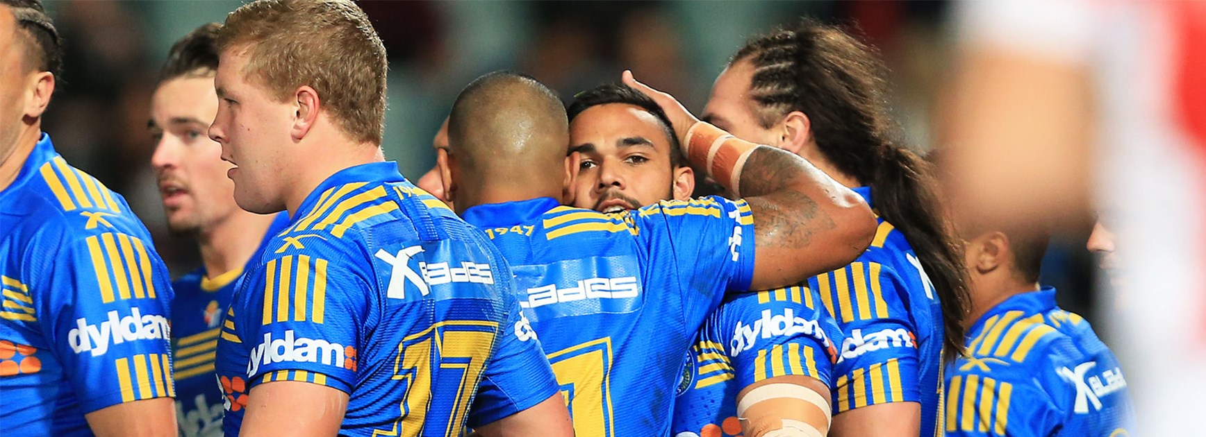 The Eels celebrate Bevan French's opening try against Manly on Friday.