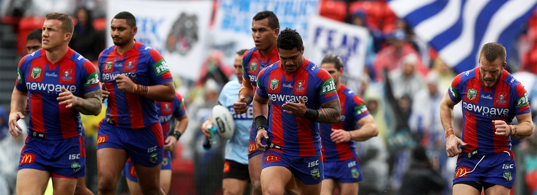 The Newcastle Knights after conceding a try to the Bulldogs in Round 22.