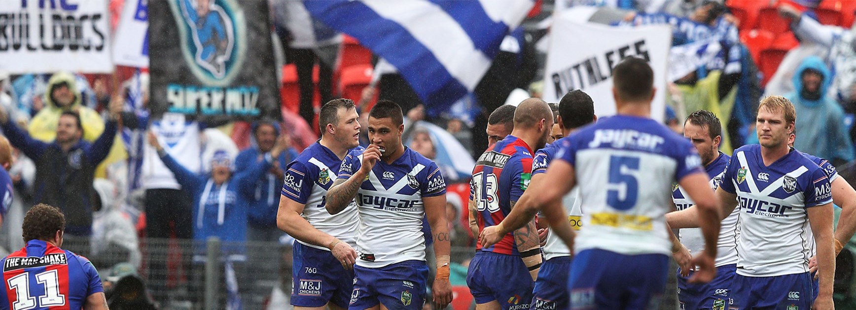 Bulldogs fans celebrate a try against Newcastle in Round 22.