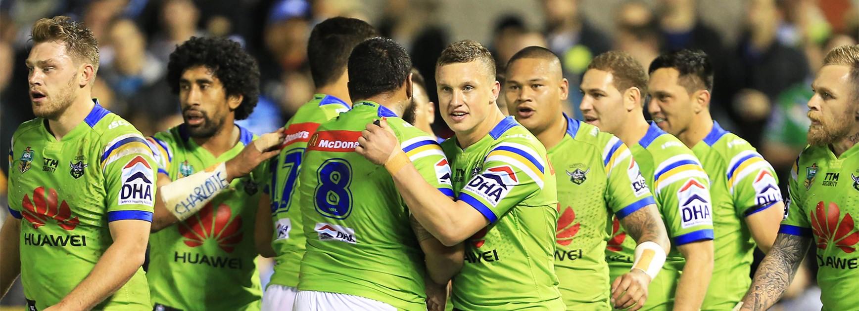 The Canberra Raiders celebrate during their Round 22 win over Canberra.