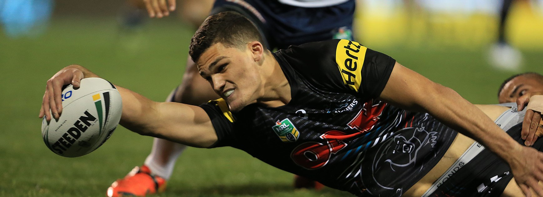 Nathan Cleary scores the first try against the Roosters in Round 22.