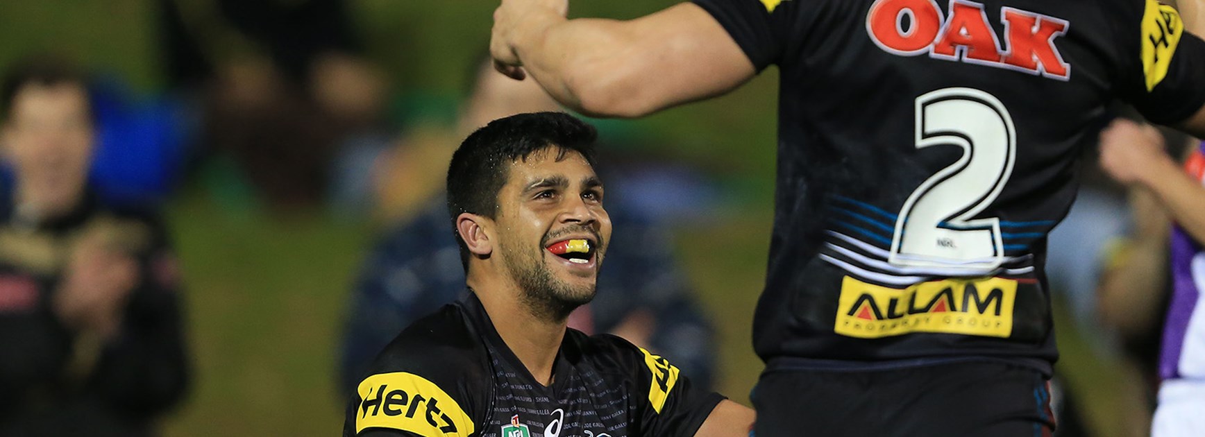 Tyrone Peachey all smiles after scoring a try against the Roosters.
