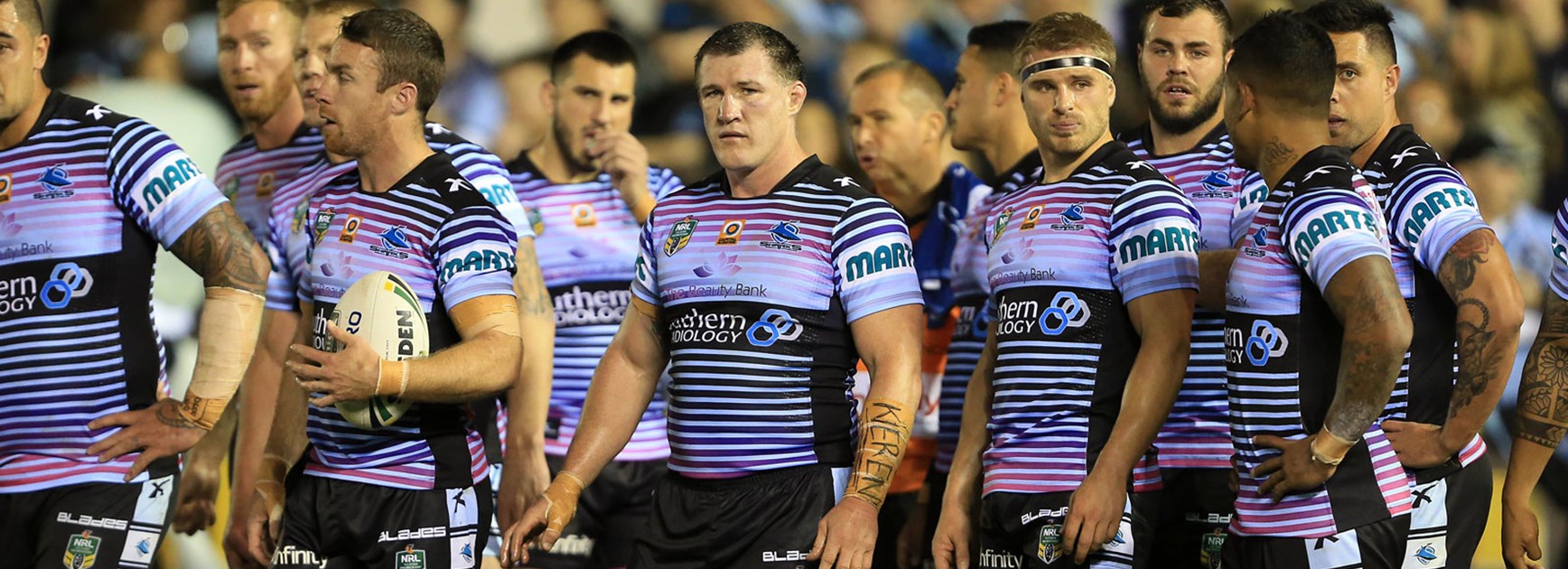 Sharks players during their Round 22 loss to the Raiders.