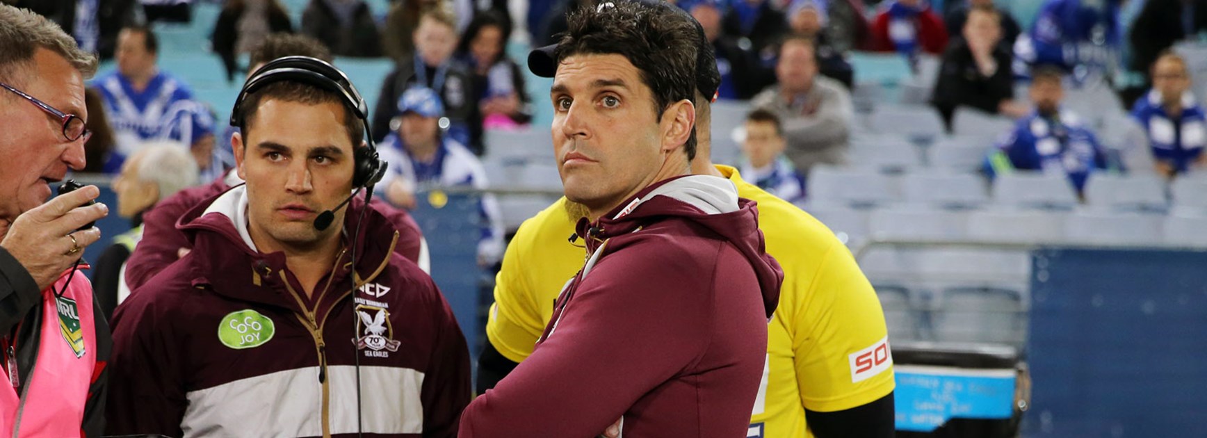 Sea Eagles coach Trent Barrett hit the sideline during golden point in Round 23.