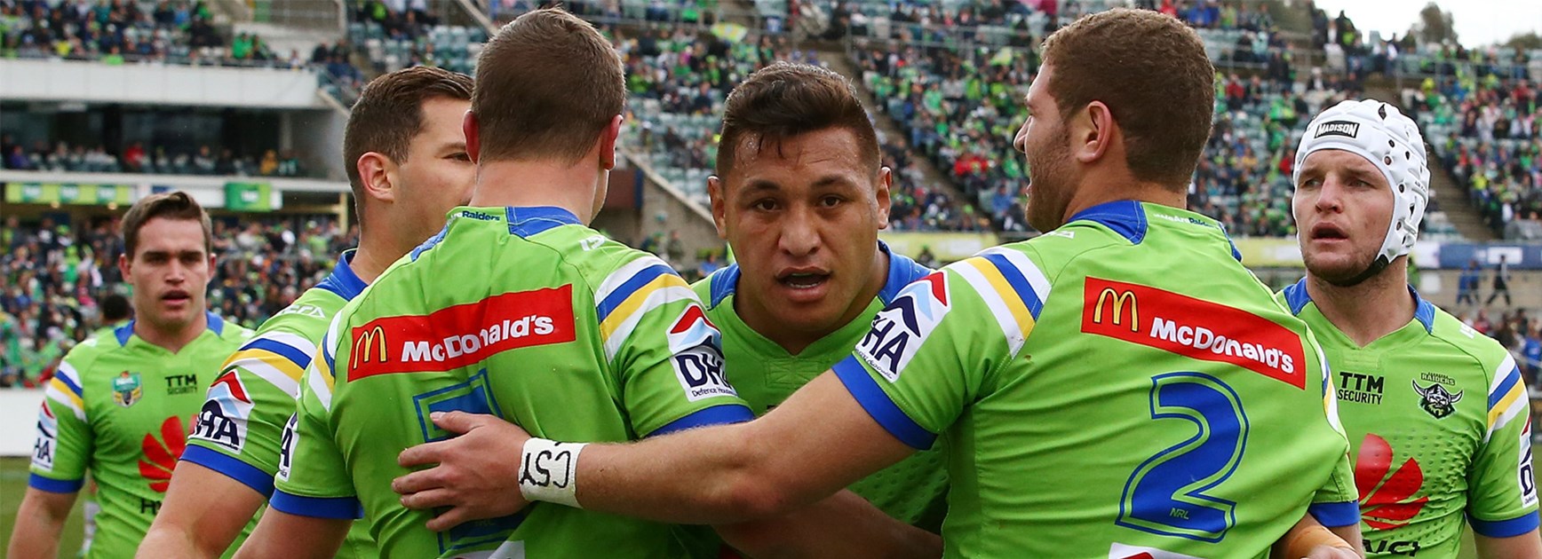 The Raiders celebrate a try against the Eels in Round 24.