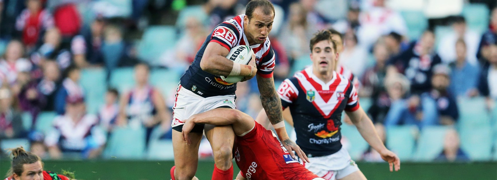 Roosters fullback Blake Ferguson takes a run against the Dragons in Round 24.