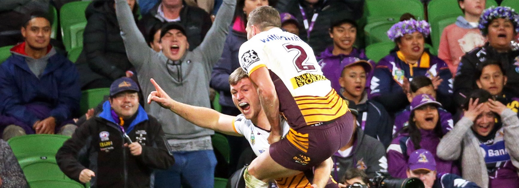 Jai Arrow celebrates his try against the Storm on Friday night.