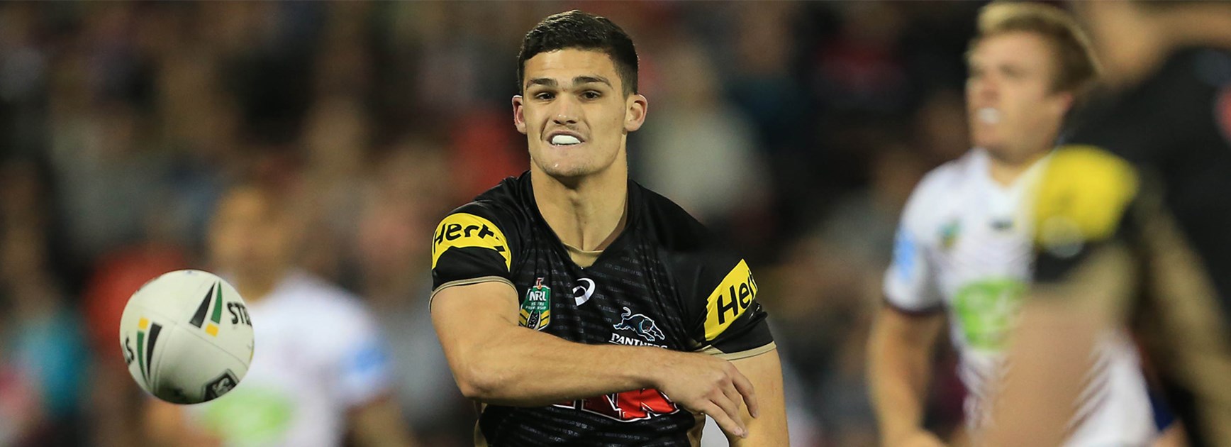 Panthers halfback Nathan Cleary throws a pass against the Sea Eagles on Sunday.