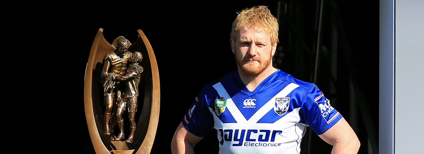 Bulldogs captain James Graham and the NRL Telstra Premiership trophy.